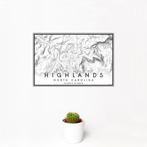 12x18 Highlands North Carolina Map Print Landscape Orientation in Classic Style With Small Cactus Plant in White Planter
