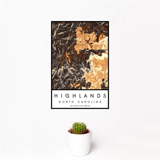 12x18 Highlands North Carolina Map Print Portrait Orientation in Ember Style With Small Cactus Plant in White Planter