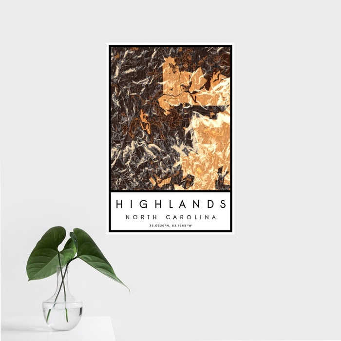 16x24 Highlands North Carolina Map Print Portrait Orientation in Ember Style With Tropical Plant Leaves in Water