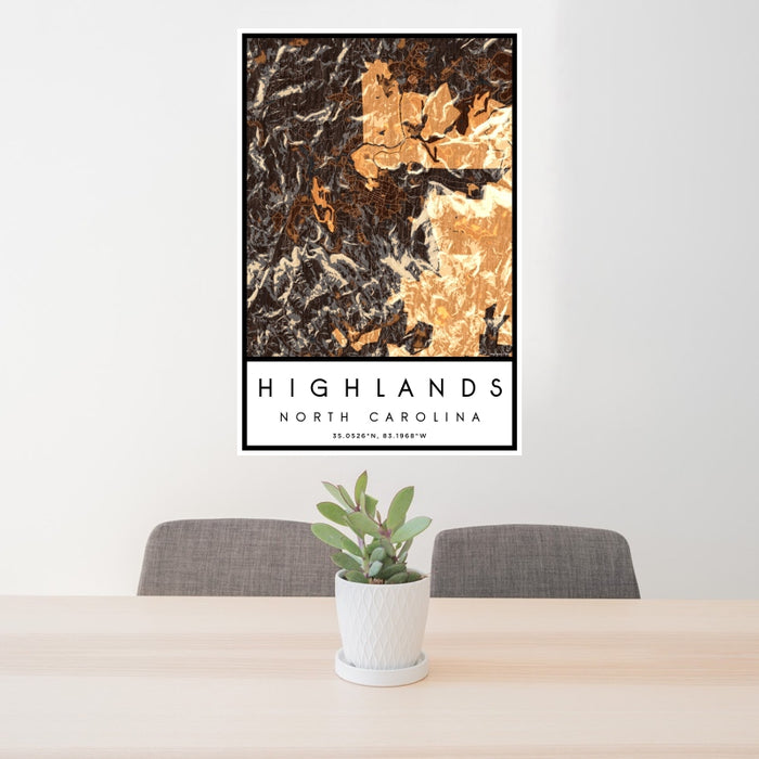 24x36 Highlands North Carolina Map Print Portrait Orientation in Ember Style Behind 2 Chairs Table and Potted Plant