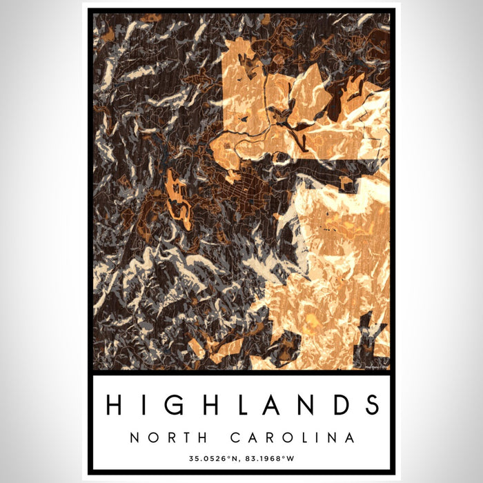 Highlands North Carolina Map Print Portrait Orientation in Ember Style With Shaded Background