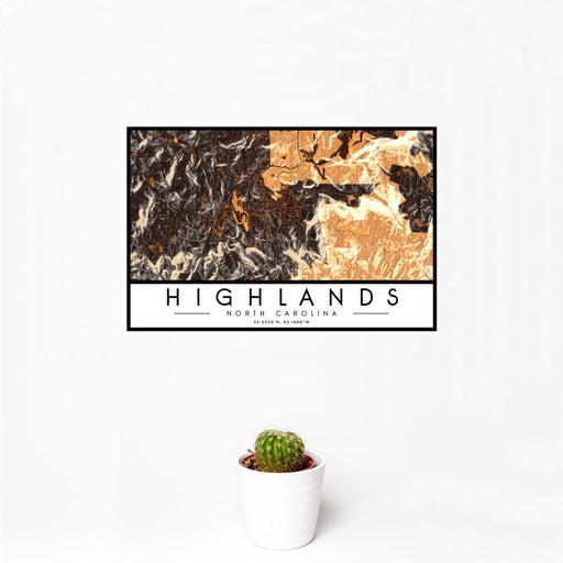 12x18 Highlands North Carolina Map Print Landscape Orientation in Ember Style With Small Cactus Plant in White Planter