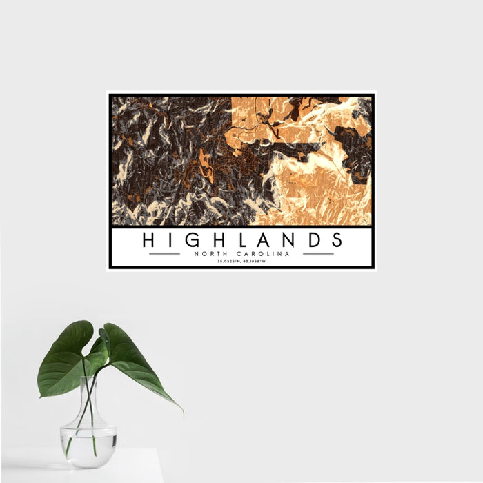16x24 Highlands North Carolina Map Print Landscape Orientation in Ember Style With Tropical Plant Leaves in Water