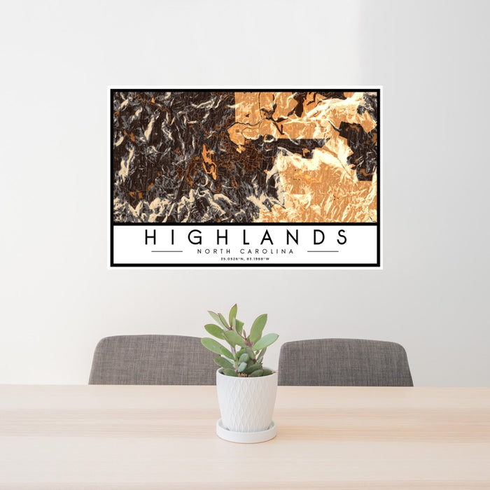 24x36 Highlands North Carolina Map Print Landscape Orientation in Ember Style Behind 2 Chairs Table and Potted Plant