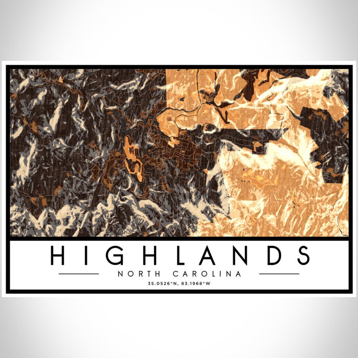 Highlands North Carolina Map Print Landscape Orientation in Ember Style With Shaded Background