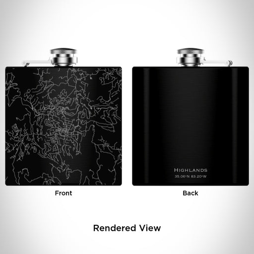 Rendered View of Highlands North Carolina Map Engraving on 6oz Stainless Steel Flask in Black