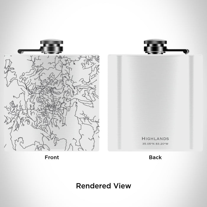 Rendered View of Highlands North Carolina Map Engraving on 6oz Stainless Steel Flask in White