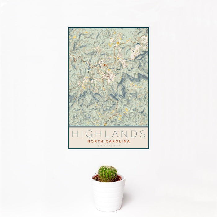 12x18 Highlands North Carolina Map Print Portrait Orientation in Woodblock Style With Small Cactus Plant in White Planter