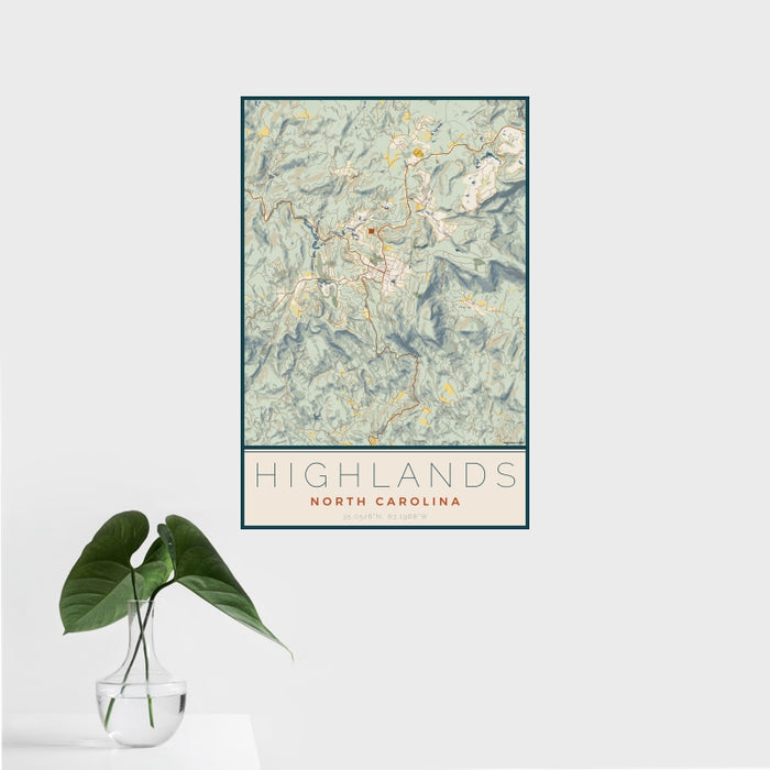 16x24 Highlands North Carolina Map Print Portrait Orientation in Woodblock Style With Tropical Plant Leaves in Water