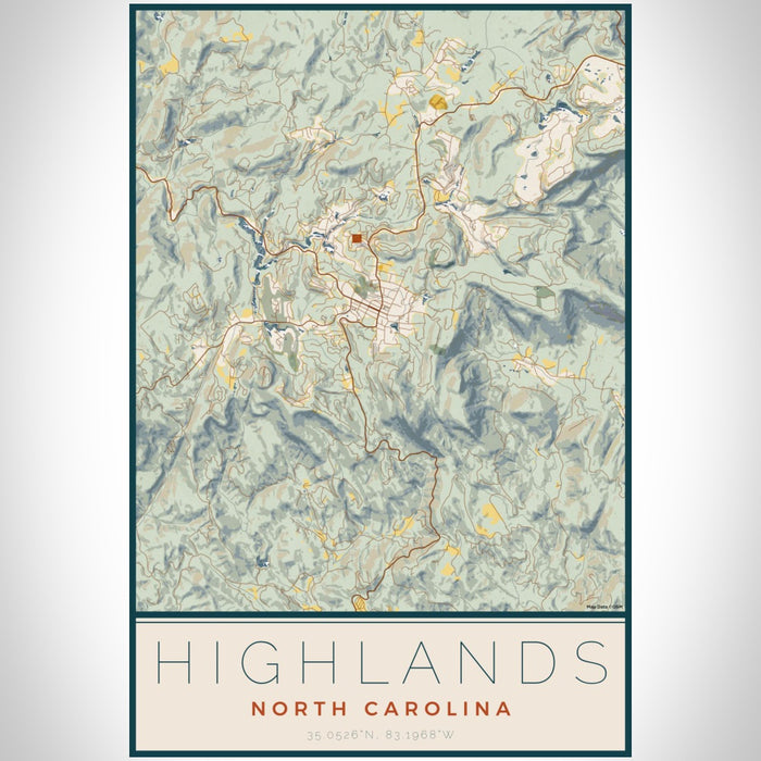 Highlands North Carolina Map Print Portrait Orientation in Woodblock Style With Shaded Background