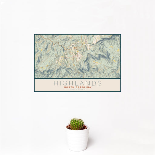 12x18 Highlands North Carolina Map Print Landscape Orientation in Woodblock Style With Small Cactus Plant in White Planter