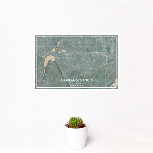 12x18 Highlands Ranch Colorado Map Print Landscape Orientation in Afternoon Style With Small Cactus Plant in White Planter