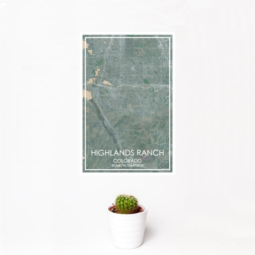 12x18 Highlands Ranch Colorado Map Print Portrait Orientation in Afternoon Style With Small Cactus Plant in White Planter