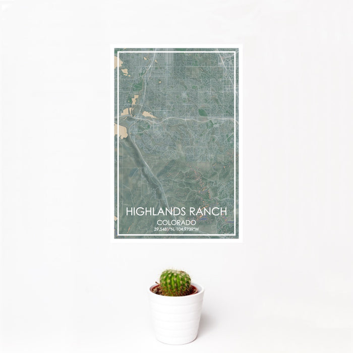 12x18 Highlands Ranch Colorado Map Print Portrait Orientation in Afternoon Style With Small Cactus Plant in White Planter