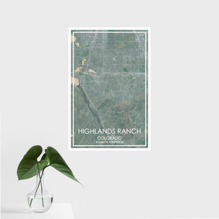 16x24 Highlands Ranch Colorado Map Print Portrait Orientation in Afternoon Style With Tropical Plant Leaves in Water