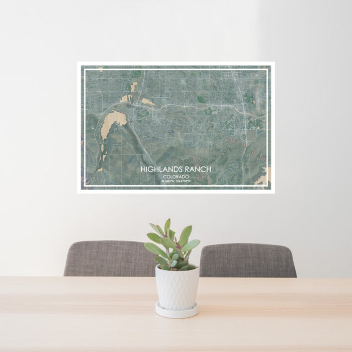 24x36 Highlands Ranch Colorado Map Print Lanscape Orientation in Afternoon Style Behind 2 Chairs Table and Potted Plant