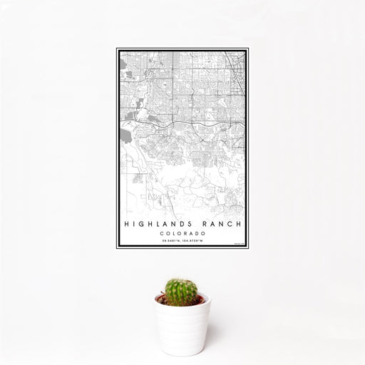 12x18 Highlands Ranch Colorado Map Print Portrait Orientation in Classic Style With Small Cactus Plant in White Planter