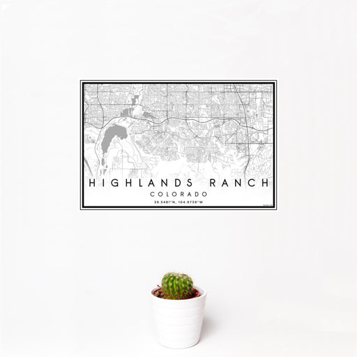 12x18 Highlands Ranch Colorado Map Print Landscape Orientation in Classic Style With Small Cactus Plant in White Planter