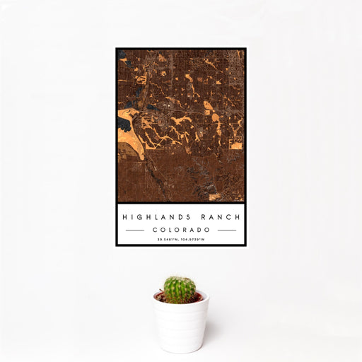 12x18 Highlands Ranch Colorado Map Print Portrait Orientation in Ember Style With Small Cactus Plant in White Planter