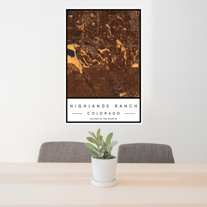 24x36 Highlands Ranch Colorado Map Print Portrait Orientation in Ember Style Behind 2 Chairs Table and Potted Plant