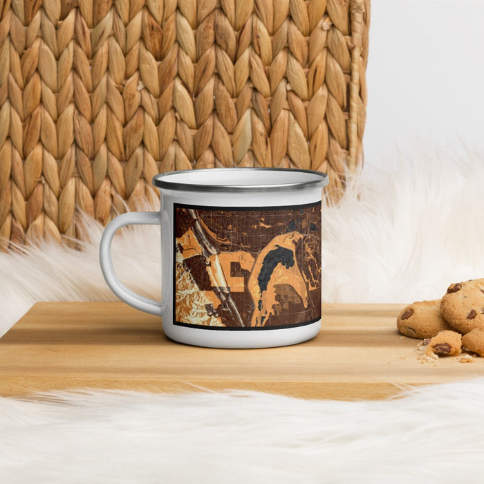 Left View Custom Highlands Ranch Colorado Map Enamel Mug in Ember on Table Top