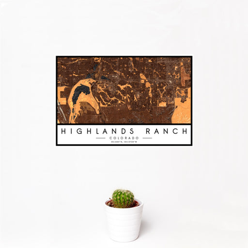 12x18 Highlands Ranch Colorado Map Print Landscape Orientation in Ember Style With Small Cactus Plant in White Planter