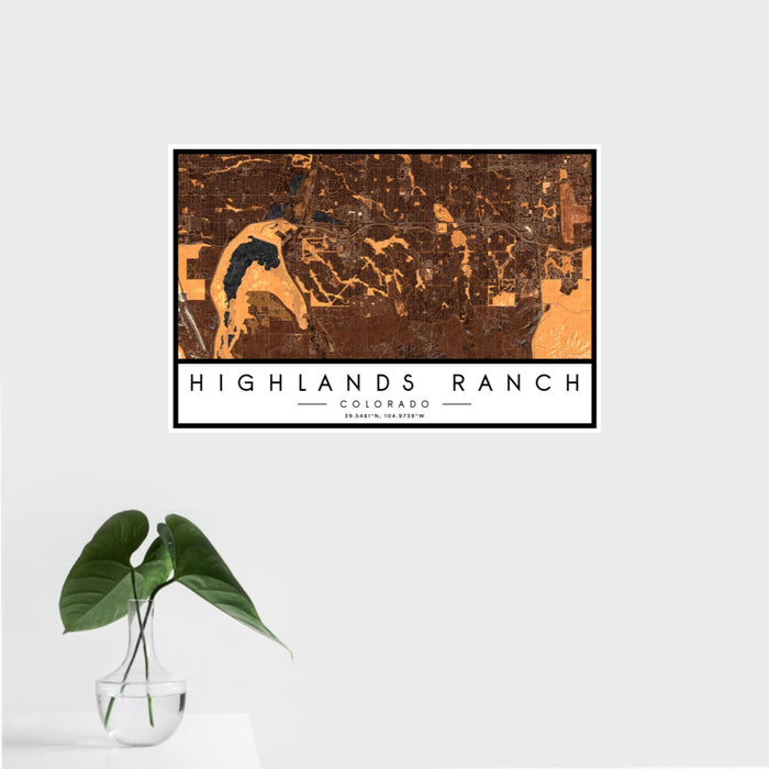 16x24 Highlands Ranch Colorado Map Print Landscape Orientation in Ember Style With Tropical Plant Leaves in Water