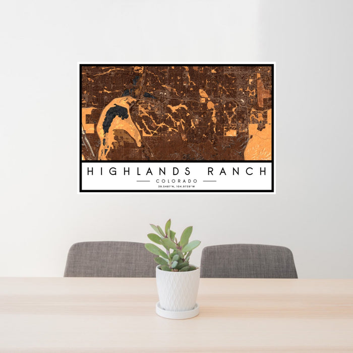 24x36 Highlands Ranch Colorado Map Print Landscape Orientation in Ember Style Behind 2 Chairs Table and Potted Plant