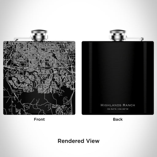 Rendered View of Highlands Ranch Colorado Map Engraving on 6oz Stainless Steel Flask in Black