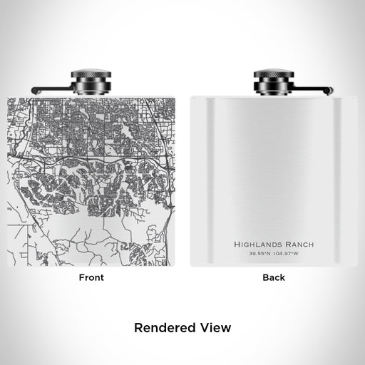 Rendered View of Highlands Ranch Colorado Map Engraving on 6oz Stainless Steel Flask in White