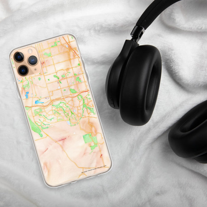 Custom Highlands Ranch Colorado Map Phone Case in Watercolor on Table with Black Headphones