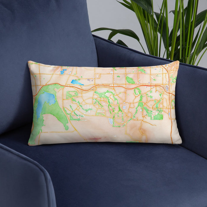 Custom Highlands Ranch Colorado Map Throw Pillow in Watercolor on Blue Colored Chair