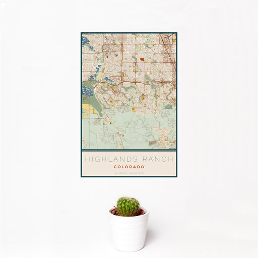12x18 Highlands Ranch Colorado Map Print Portrait Orientation in Woodblock Style With Small Cactus Plant in White Planter