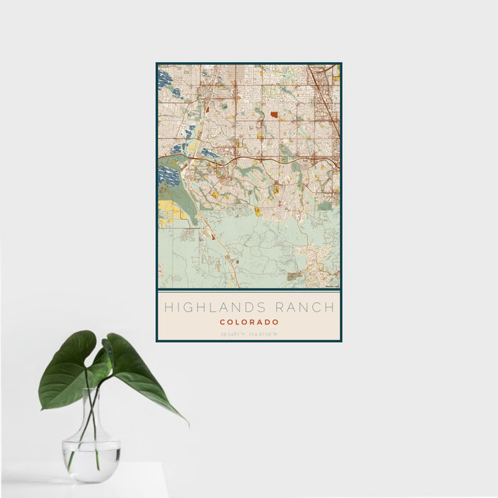 16x24 Highlands Ranch Colorado Map Print Portrait Orientation in Woodblock Style With Tropical Plant Leaves in Water