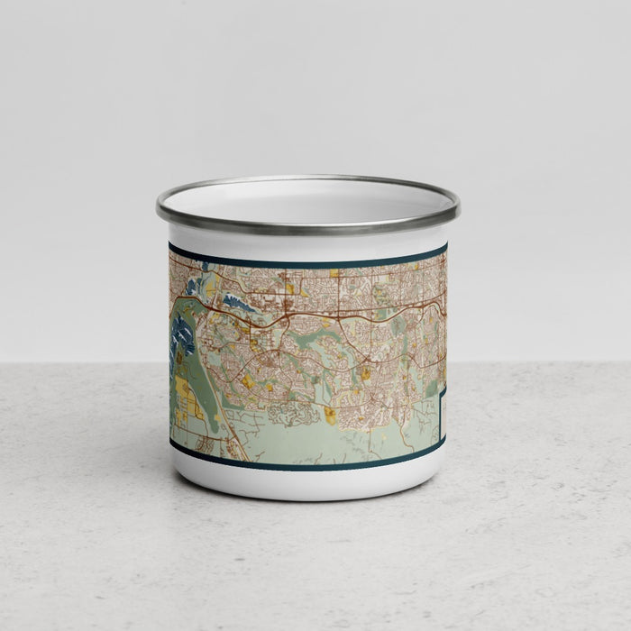 Front View Custom Highlands Ranch Colorado Map Enamel Mug in Woodblock