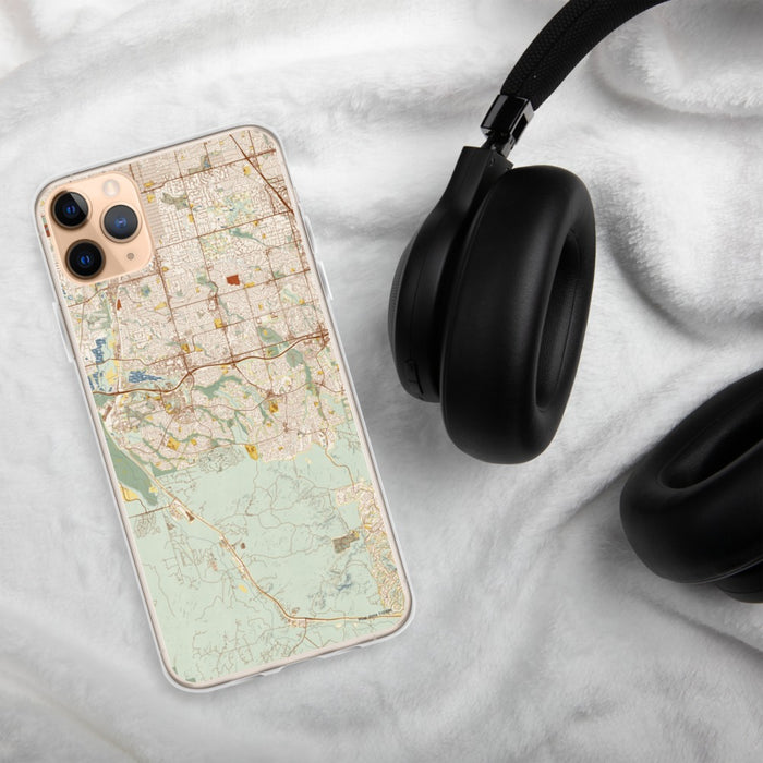 Custom Highlands Ranch Colorado Map Phone Case in Woodblock on Table with Black Headphones