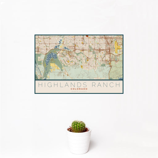 12x18 Highlands Ranch Colorado Map Print Landscape Orientation in Woodblock Style With Small Cactus Plant in White Planter