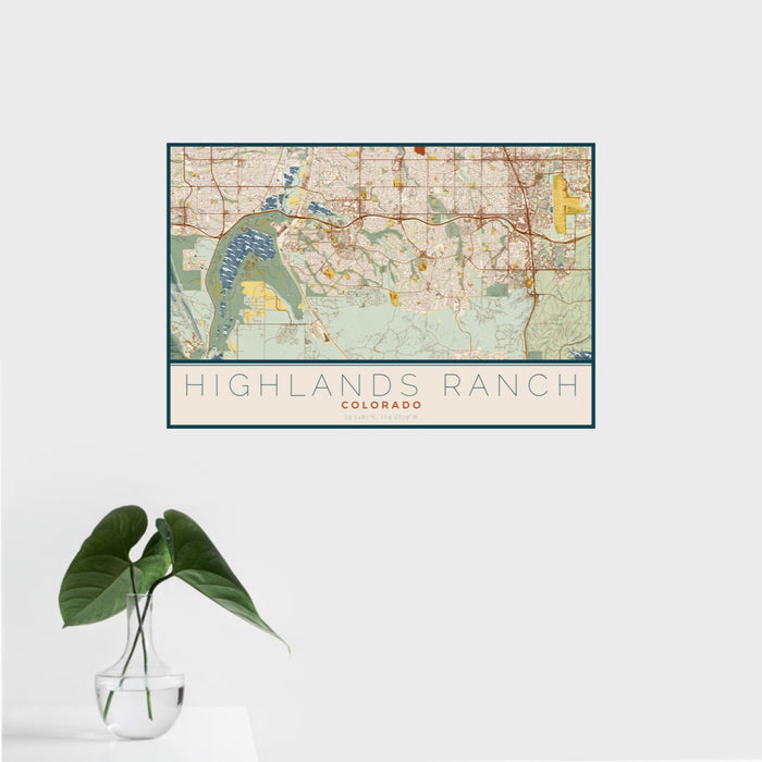 16x24 Highlands Ranch Colorado Map Print Landscape Orientation in Woodblock Style With Tropical Plant Leaves in Water