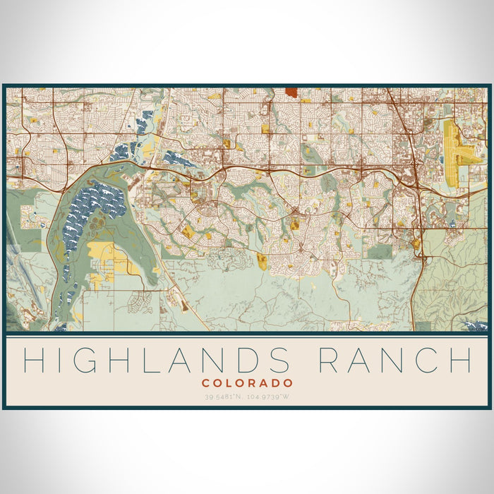 Highlands Ranch Colorado Map Print Landscape Orientation in Woodblock Style With Shaded Background