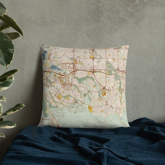 Custom Highlands Ranch Colorado Map Throw Pillow in Woodblock on Bedding Against Wall