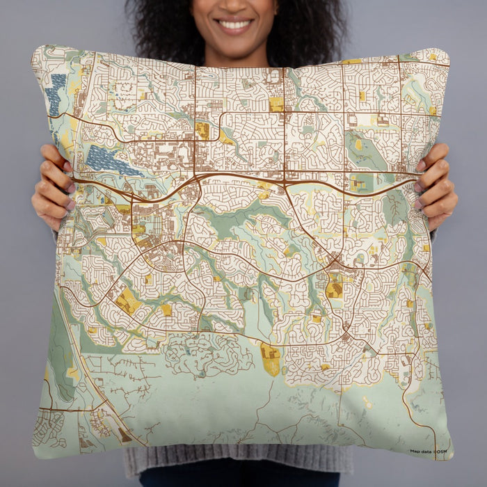 Person holding 22x22 Custom Highlands Ranch Colorado Map Throw Pillow in Woodblock