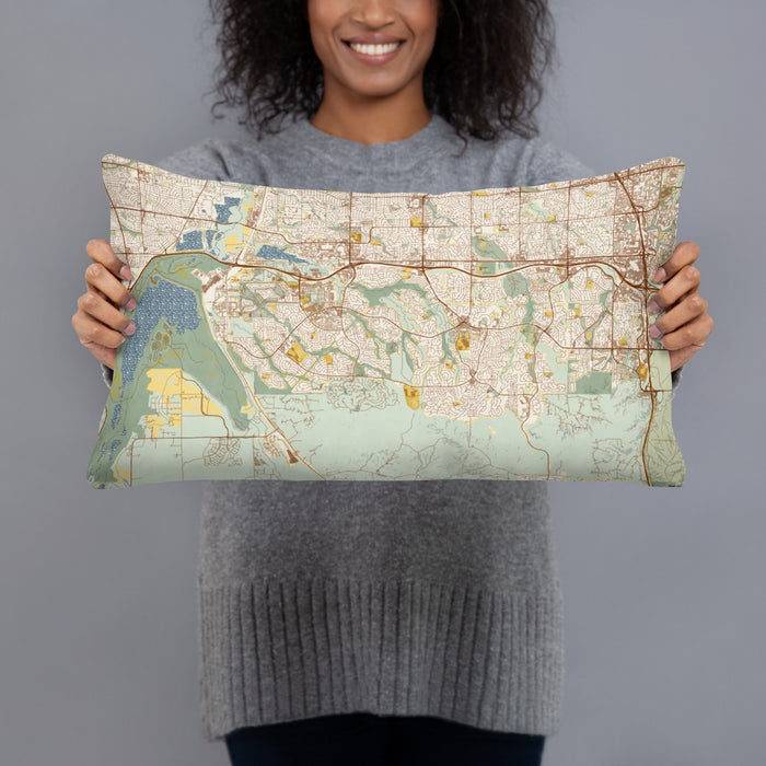 Person holding 20x12 Custom Highlands Ranch Colorado Map Throw Pillow in Woodblock