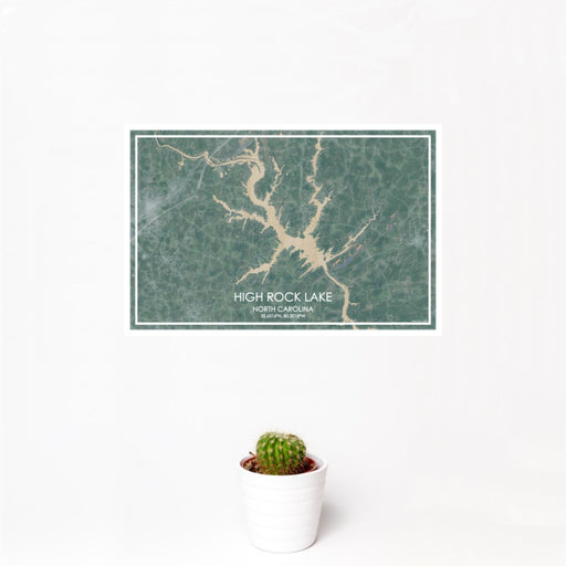 12x18 High Rock Lake North Carolina Map Print Landscape Orientation in Afternoon Style With Small Cactus Plant in White Planter