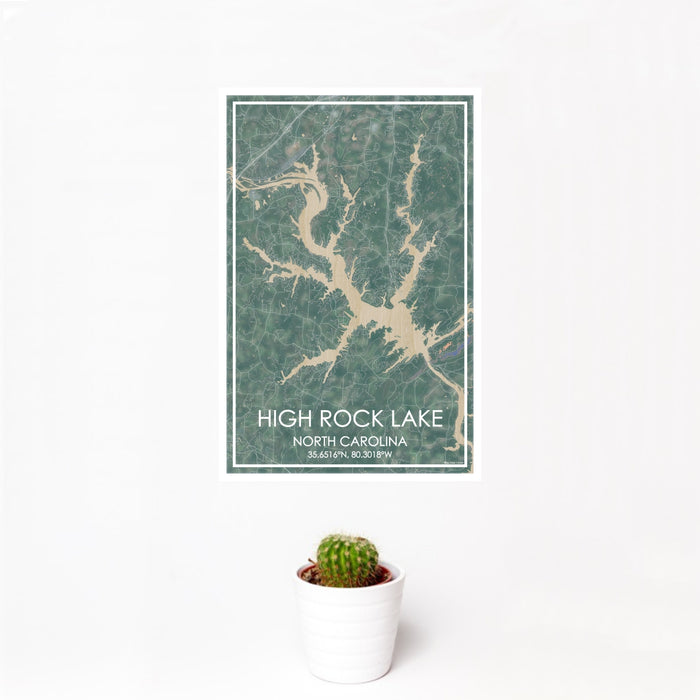 12x18 High Rock Lake North Carolina Map Print Portrait Orientation in Afternoon Style With Small Cactus Plant in White Planter