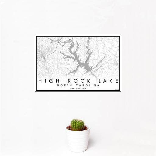 12x18 High Rock Lake North Carolina Map Print Landscape Orientation in Classic Style With Small Cactus Plant in White Planter