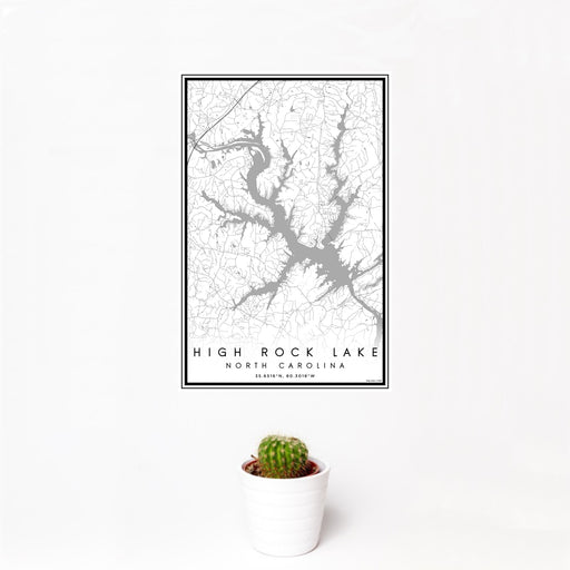 12x18 High Rock Lake North Carolina Map Print Portrait Orientation in Classic Style With Small Cactus Plant in White Planter