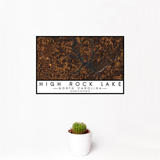 12x18 High Rock Lake North Carolina Map Print Landscape Orientation in Ember Style With Small Cactus Plant in White Planter