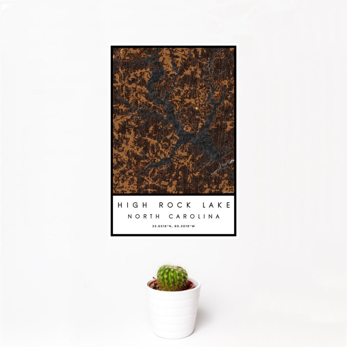 12x18 High Rock Lake North Carolina Map Print Portrait Orientation in Ember Style With Small Cactus Plant in White Planter