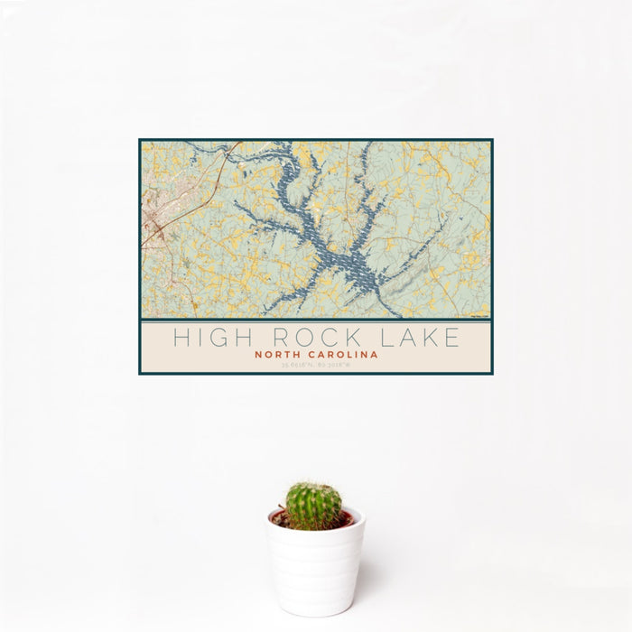 12x18 High Rock Lake North Carolina Map Print Landscape Orientation in Woodblock Style With Small Cactus Plant in White Planter
