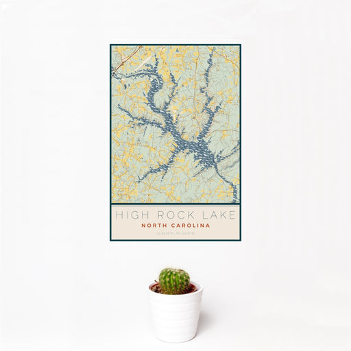 12x18 High Rock Lake North Carolina Map Print Portrait Orientation in Woodblock Style With Small Cactus Plant in White Planter